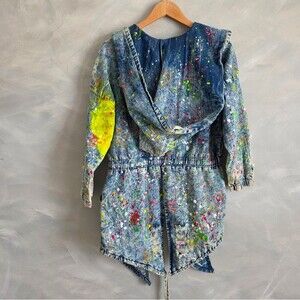 Aphrodite Acid Wash Denim Paint Splatter Open Frnt Long Jacket L Distress Hood